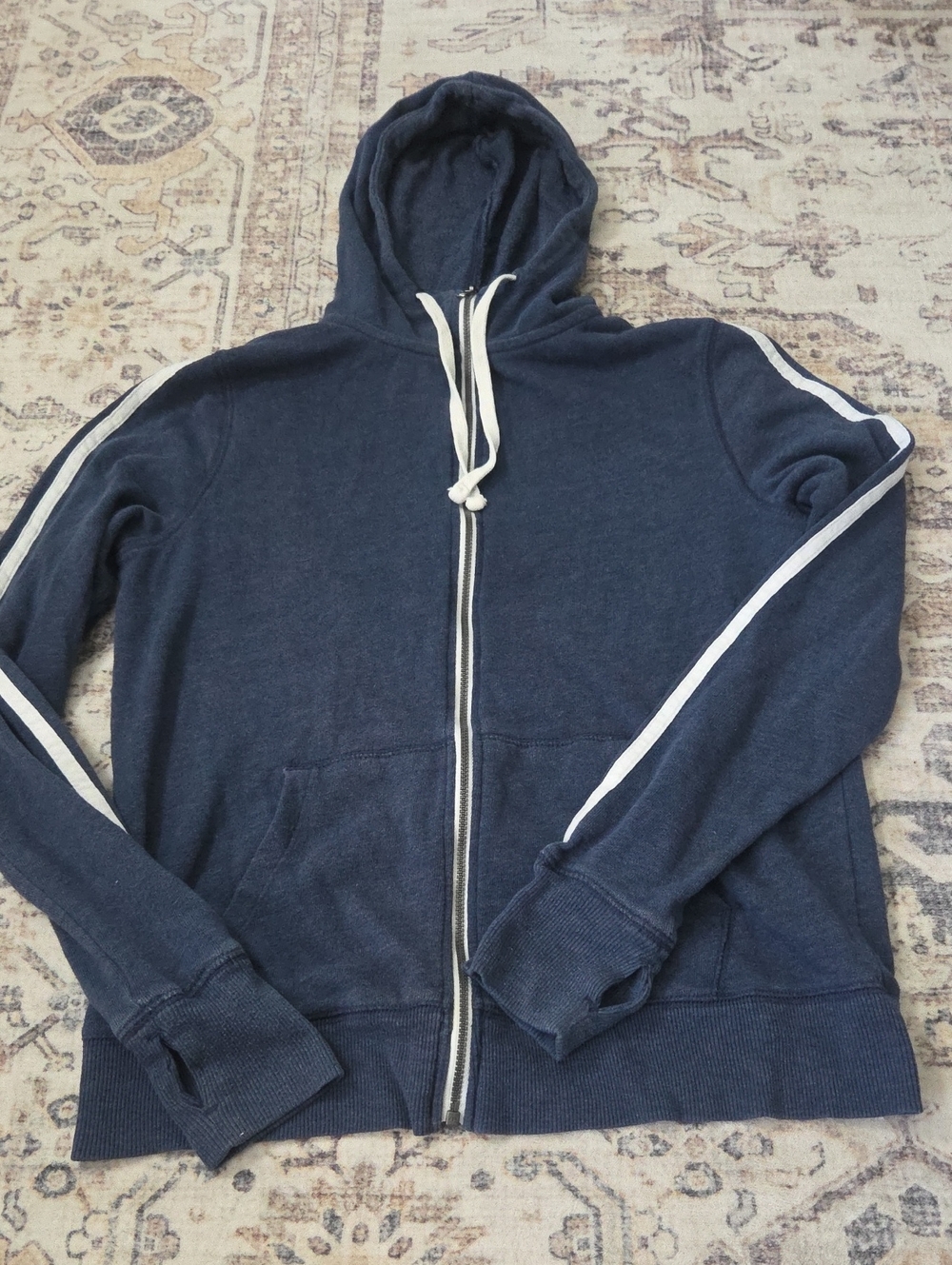 SO Women's Navy Zip-Up Hoodie with White Stripe and Drawcord